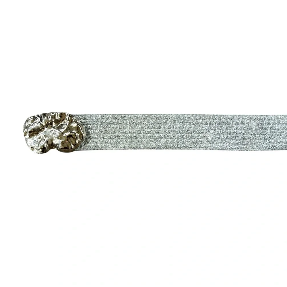 Vintage Silver Elastic Glam Belt with Hammered Metal Buckle XS Waist